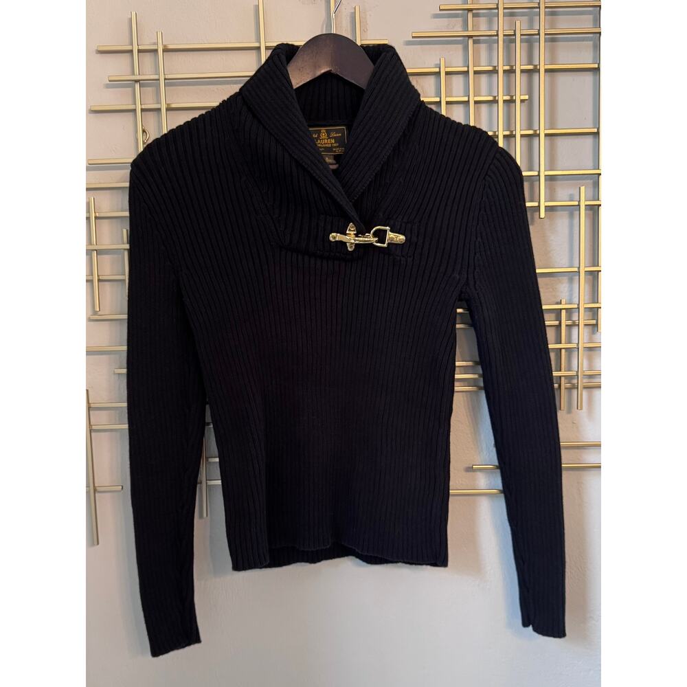 Ralph Lauren Black Ribbed Sweater Shawl Collar Toggle Size S